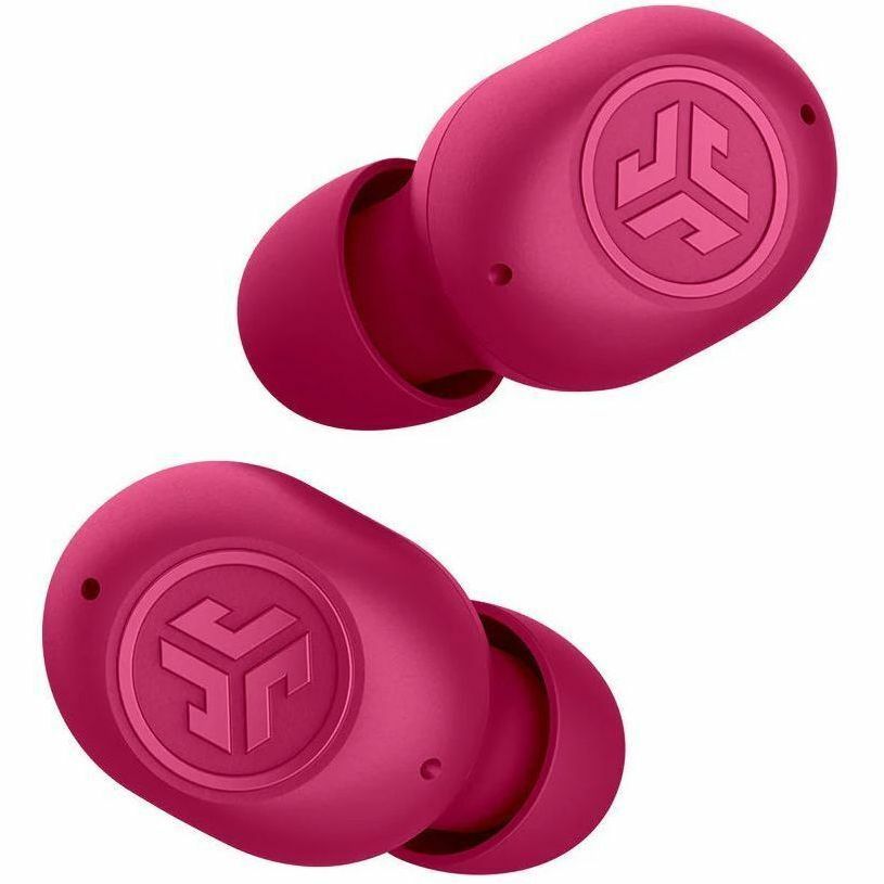 JLab JBuds Mini true wireless earbuds in pink with compact charging case — rear view