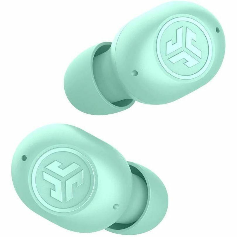 JLab JBuds Mini true wireless earbuds in mint with compact charging case — rear view
