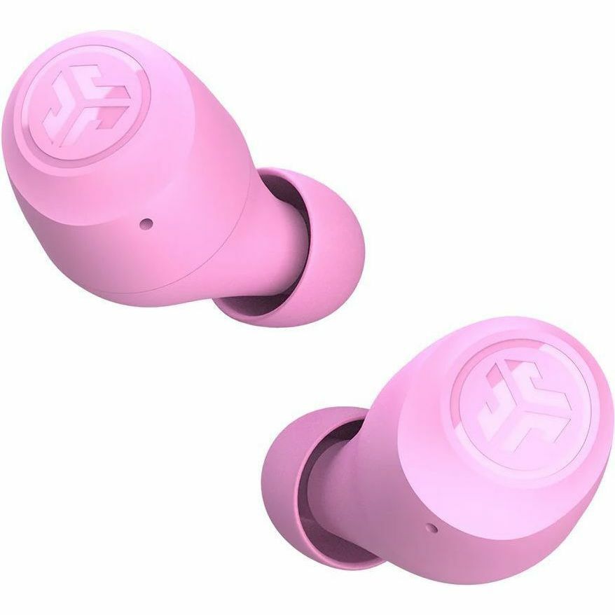 JLab GO Air Pop true wireless earbuds in pink with charging case — rear view
