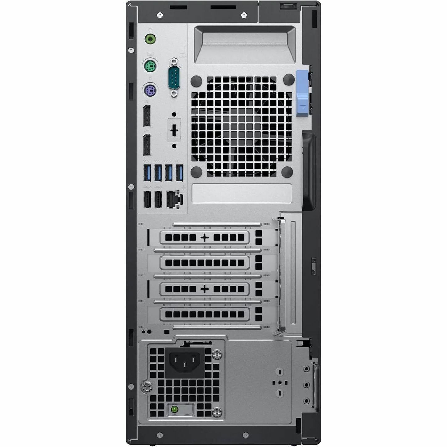 Refurbished Dell 7060 Tower business desktop with Core i5-8500, 16 GB RAM, and 512 GB SSD — rear view