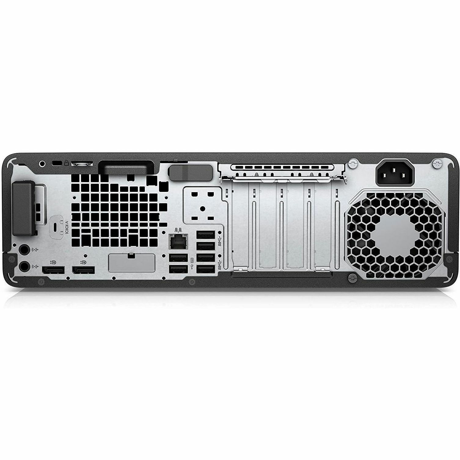 Refurbished HP 800 G4 Small Form Factor business desktop with Core i7, 16 GB RAM, and 256 GB SSD — rear view