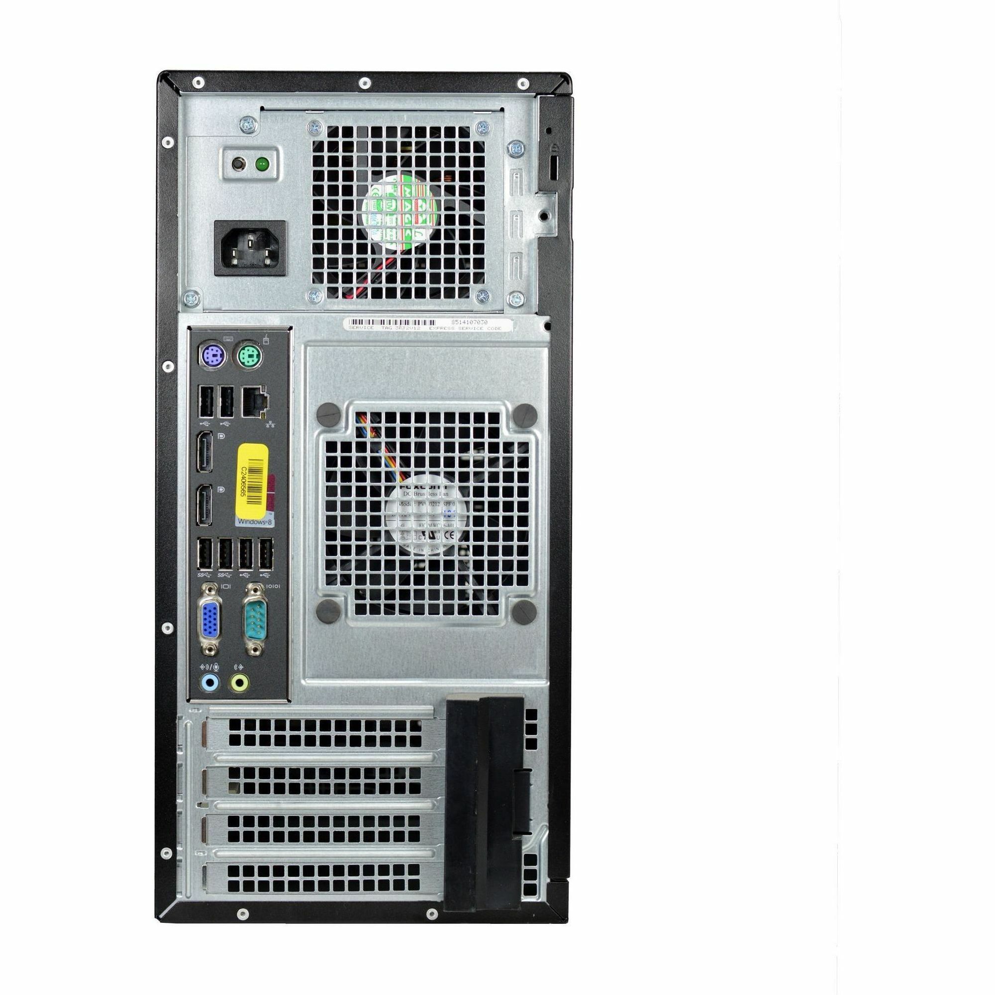 Refurbished Dell 9020 mid tower business desktop with Core i7, 16 GB RAM, and 512 GB SSD — rear view