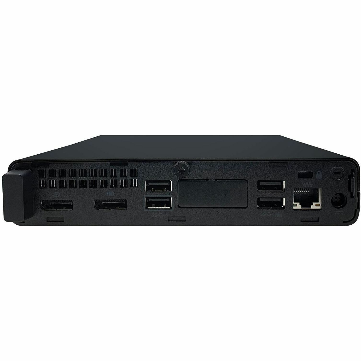 Refurbished HP 800 G5 Mini business desktop with Intel Core i5, 16 GB RAM, and 256 GB SSD — rear view