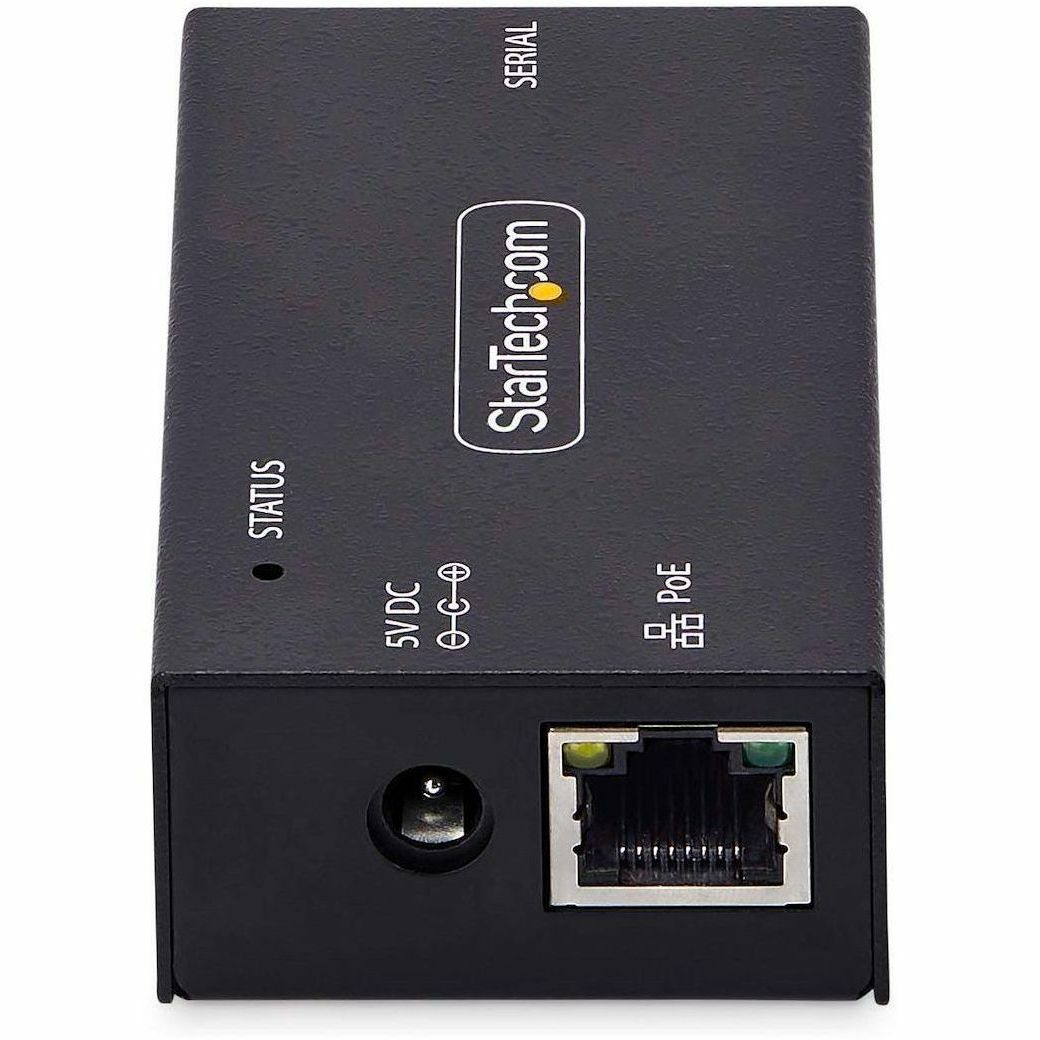 StarTech PoE serial to Ethernet adapter with DB9 port, RJ45 Ethernet, and wall or DIN rail mounting — rear view