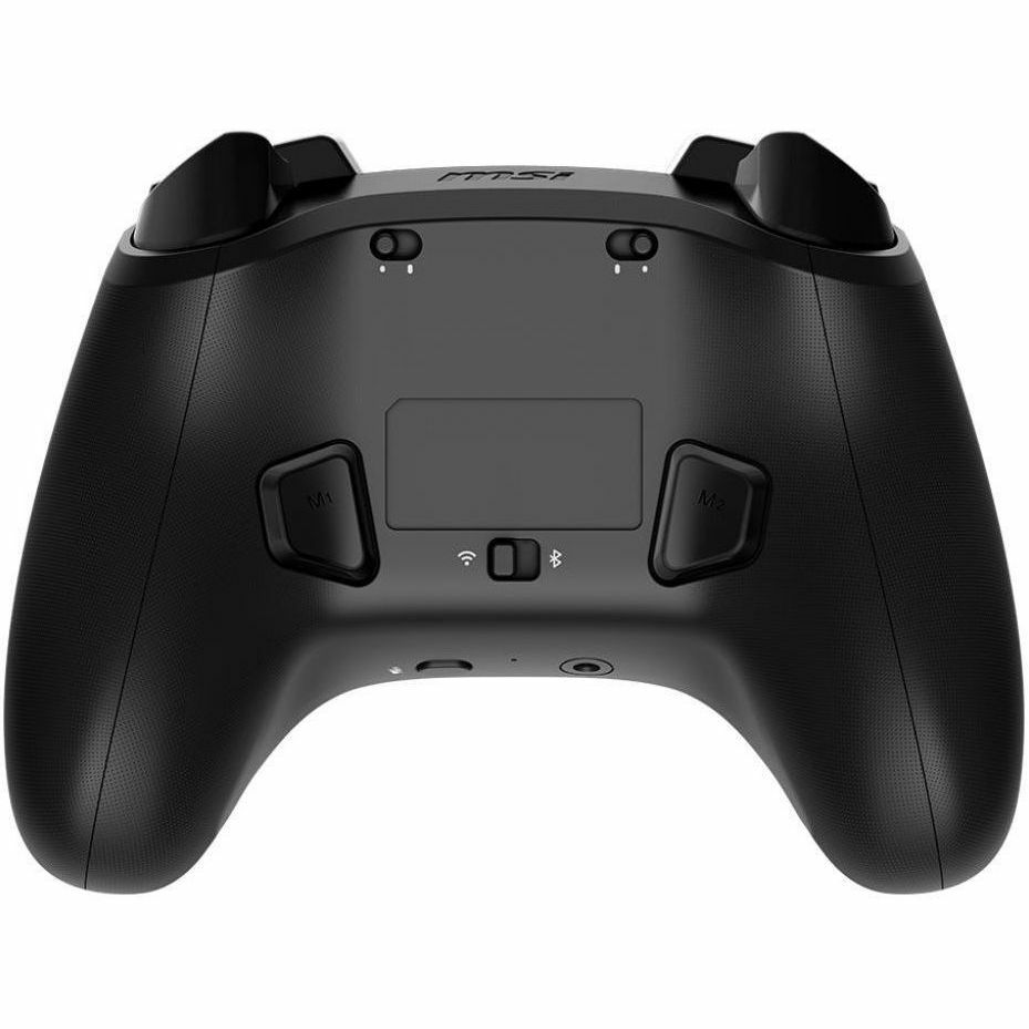 MSI FORCE GC300 Wireless game controller with tri-mode connectivity, Hall Effect triggers, and remappable back buttons — rear view