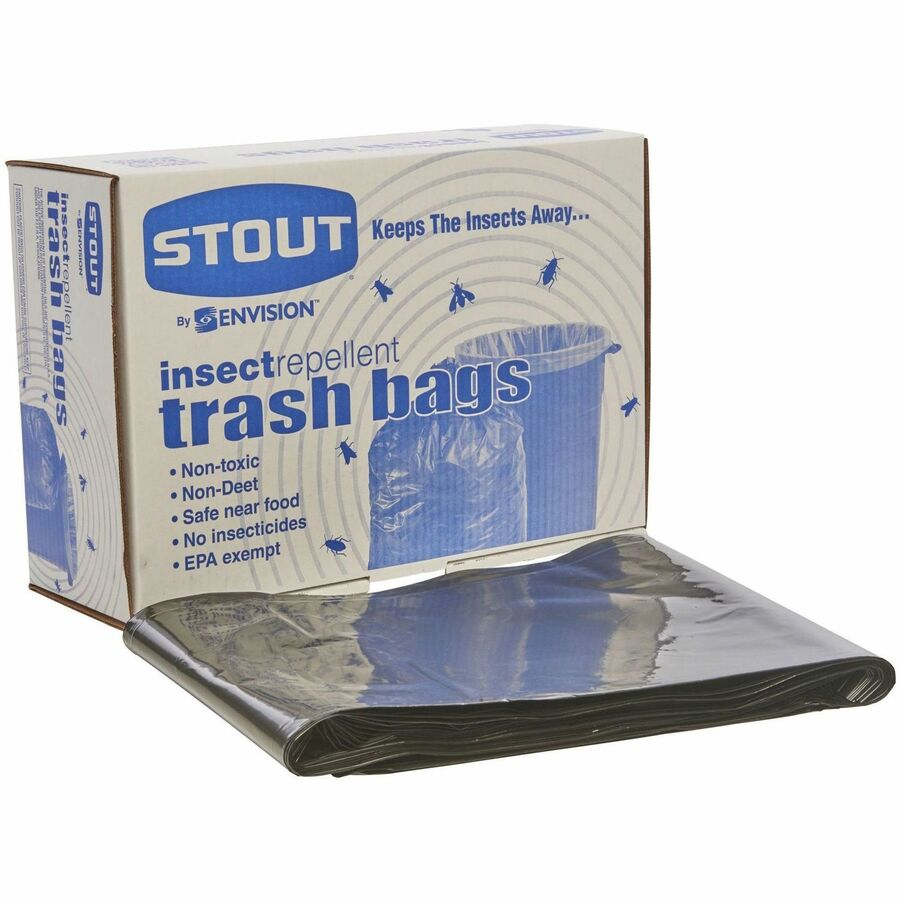 Stout Insect Repellent Trash Bags - 30 gal Capacity - 33 Width x 40  Length - 2 mil (51 Micron) Thickness - Black - Polyethylene - 90/Box -  Recycled