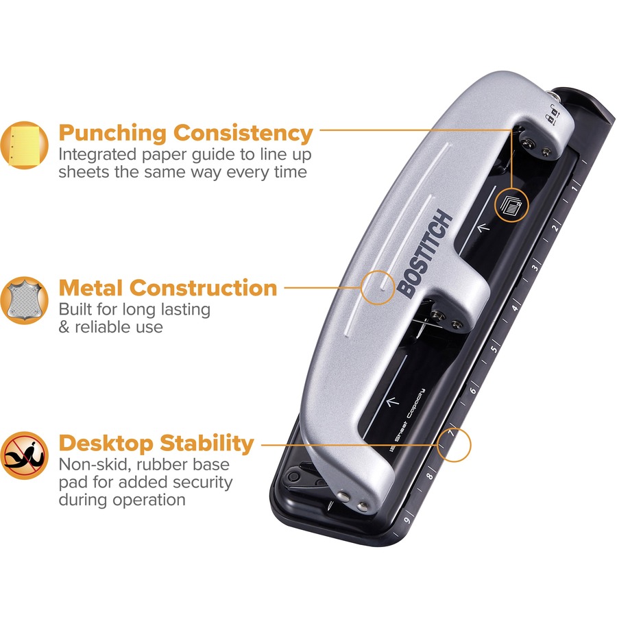 PaperPro inPRESS 12 Three-Hole Punch, 12 Sheet Capacity - 9/32 Punch Size  - 3 x 1.6 - Black, Silver 