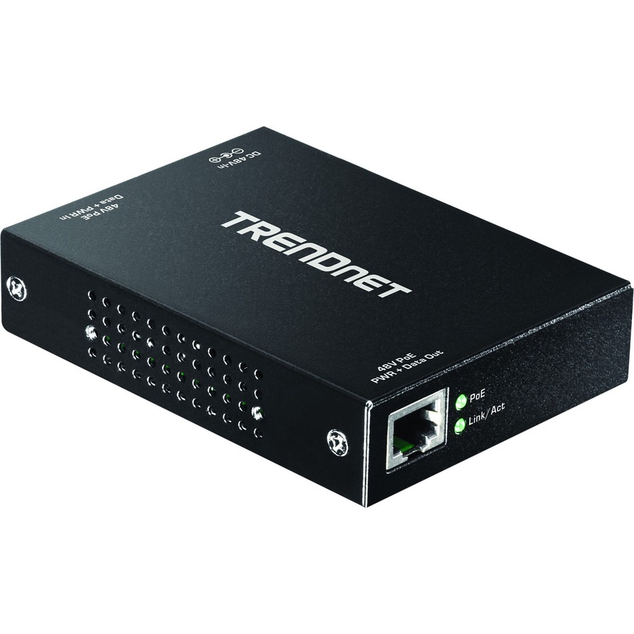 TRENDnet Gigabit PoE+ Repeater/Amplifier, 1 x Gigabit PoE+ In Port, 1 x Gigabit PoE Out Port, Extends 100m For Total Distance Up To 200m (656 ft), Supports PoE(15.4W) & PoE+(30W), Black, TPE-E100