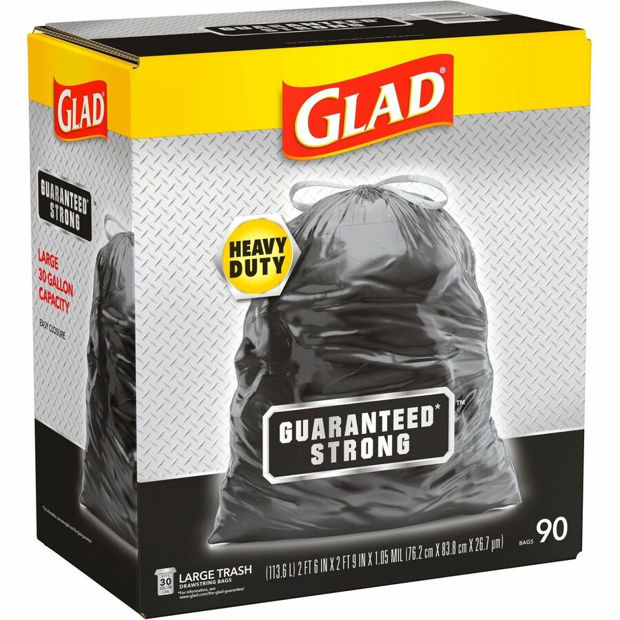 Glad Drawstring Large Trash Bags, 30 gal, 1.05 mil, 30 x 33, Black