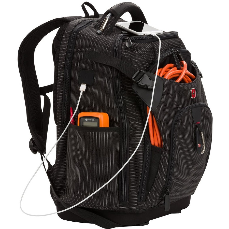 Black Wenger SwissGear Work Pack Pro tool backpack with USB access for 17 inch laptop — right view