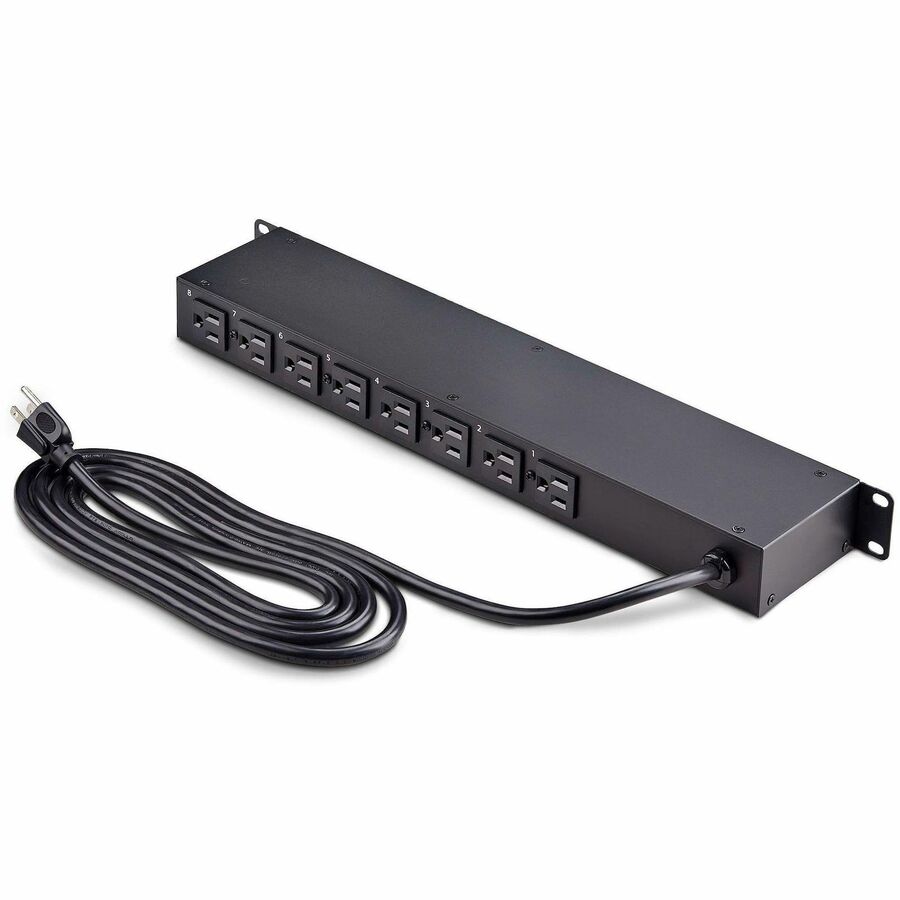 StarTech 8-Outlet Horizontal Rack Mount PDU, 1U Power Strip, On/Off Switches, 15A Circuit Breaker, 8ft/2.4m Cord, NEMA 5-15P/R, TAA