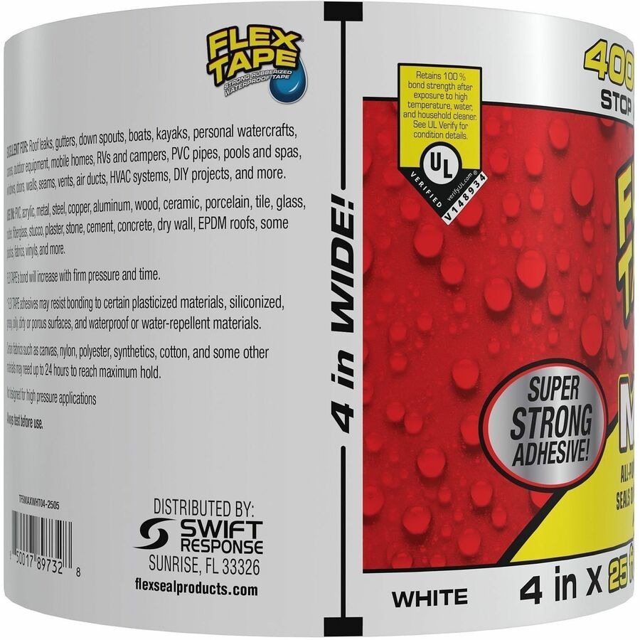 FLEX SEAL Flex Tape - 25 ft Length x 4" Width - White - Polymer - Water Resistant, Moisture Resistant, UV Resistant, Temperature Resistant, Weather Resistant, Water Proof, Tear Resistant, Abrasion Resistant - For Multipurpose, Multi Surface - 3 / Carton 9