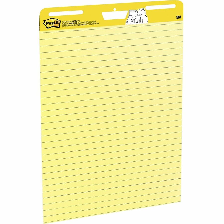 Post-it® Super Sticky Easel Pad - 30 Sheets - Stapled - Feint Blue  Margin - 18.50 lb Basis Weight - 25 x 30 - Canary Yellow Paper - Self- adhesive, Bleed-free, Perforated, Repositionable, Resist
