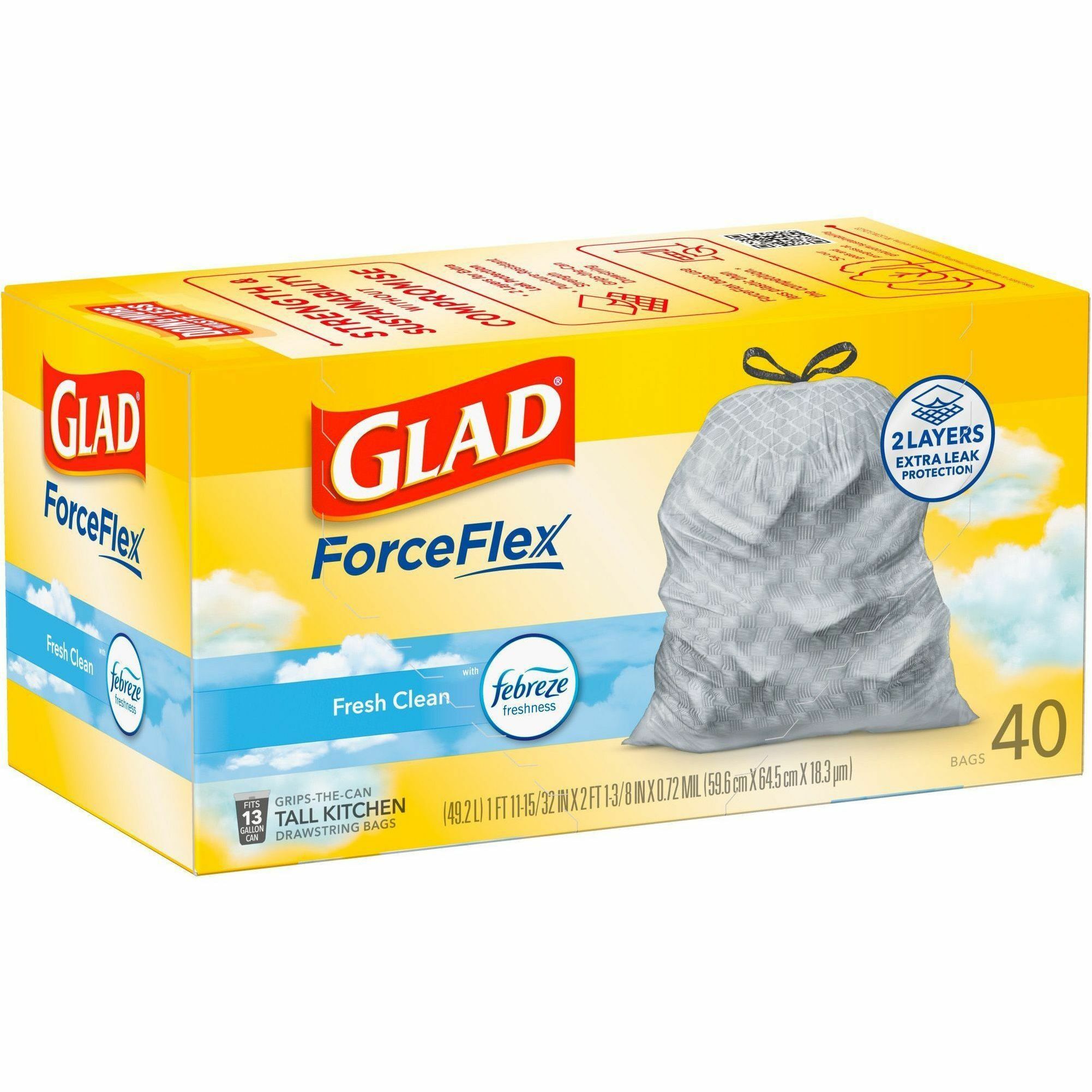 Glad ForceFlex 13 Gallon Tall Kitchen Trash Bags, Fresh Clean Scent, Febreze  Freshness, 40 Bags 