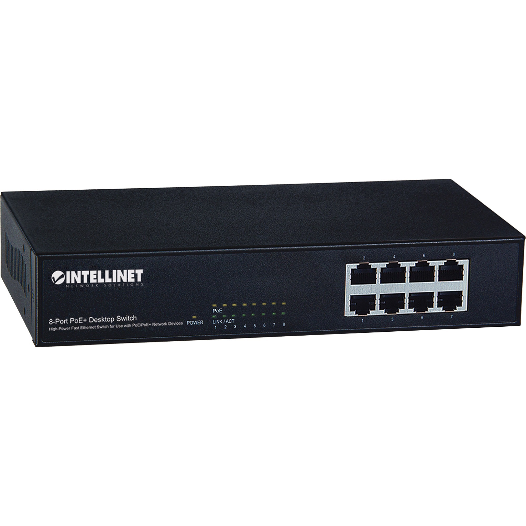 Intellinet 560764 8-port PoE+ desktop switch with IEEE 802.3at/af support — right view