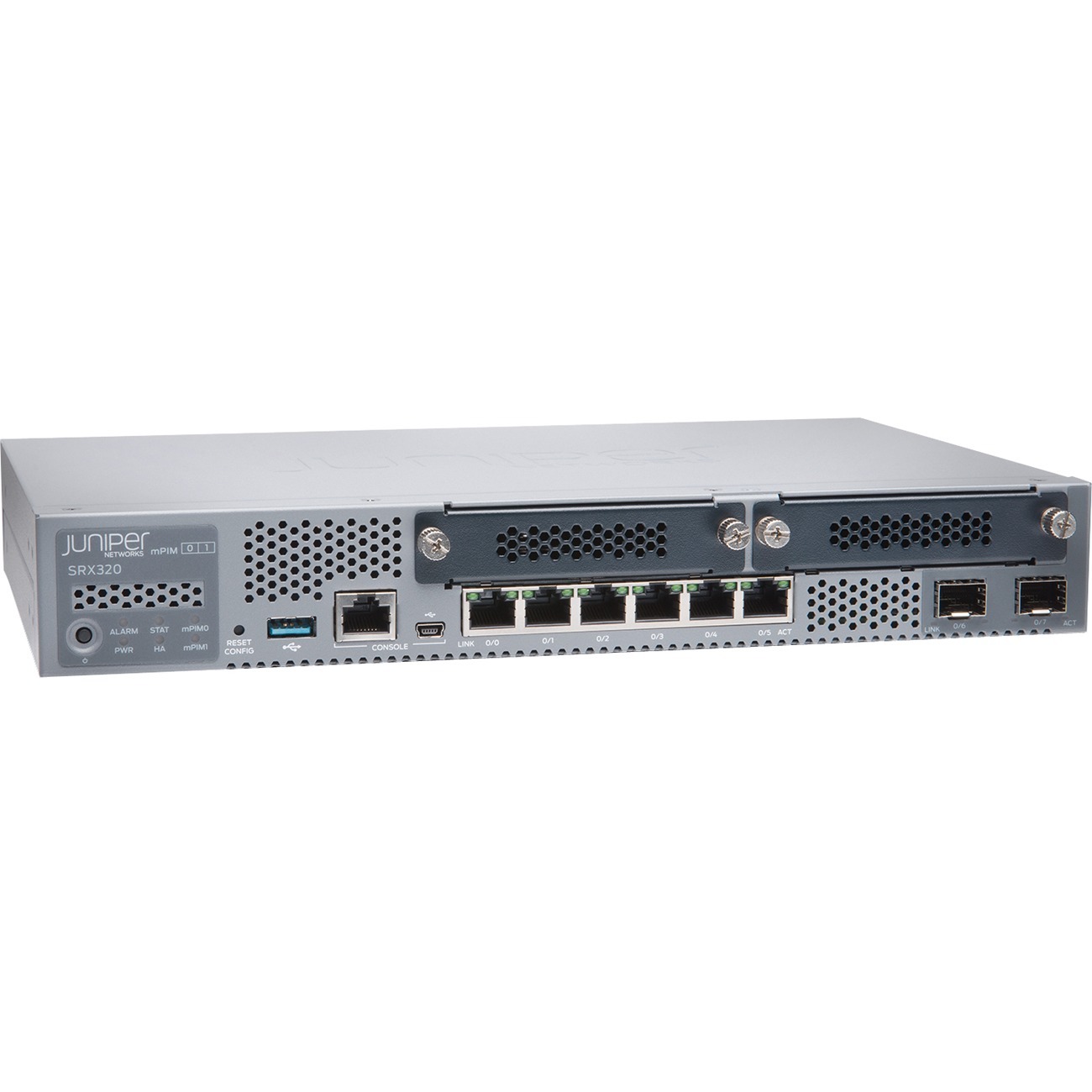 Juniper SRX320 hardware-only branch router with Gigabit Ethernet and desktop form factor — right view