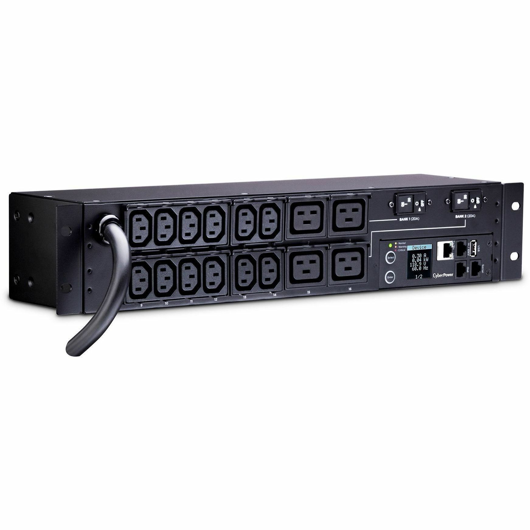 Monitored PDU, 30A 240V (12) IEC-C13 (4) IEC-C19 Outlets L6-30P 12ft Cord SNMP 2U 3YR WTY — right view