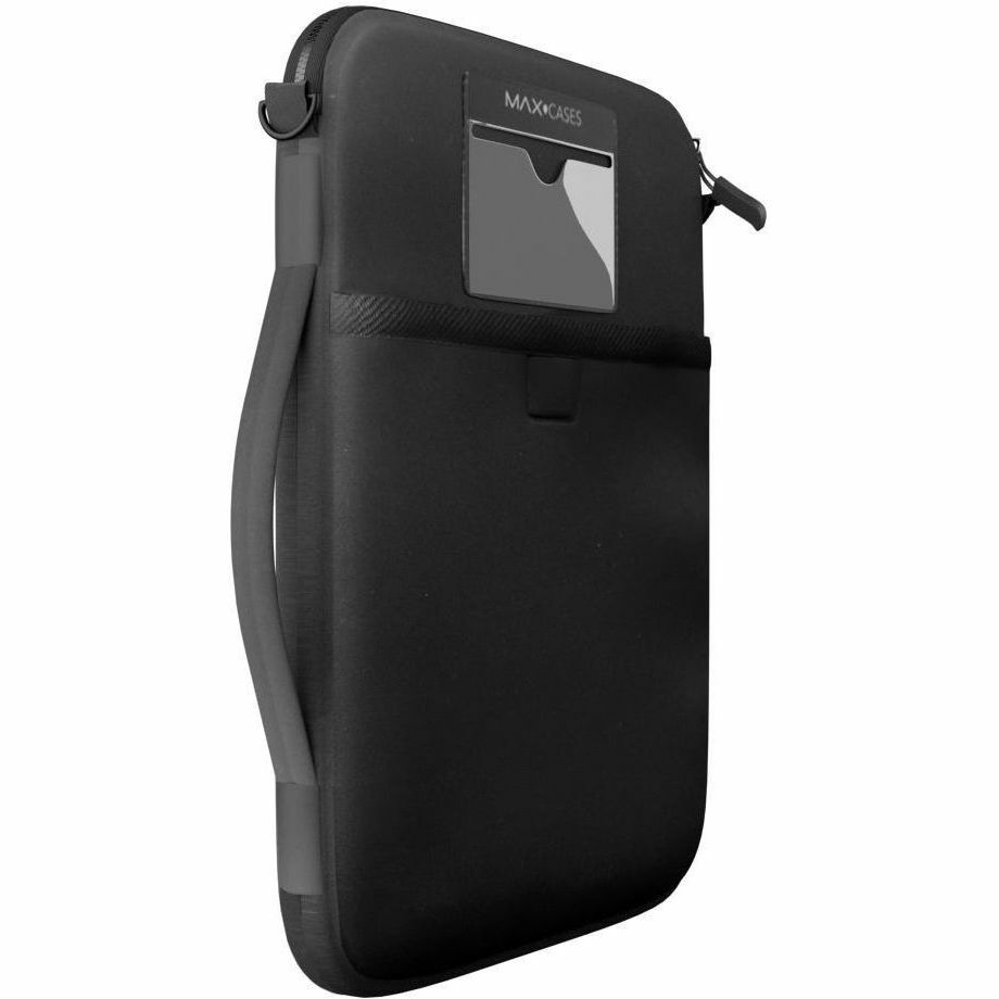 Black vertical neoprene sleeve for 11-inch tablet with front pocket and optional shoulder strap — right view