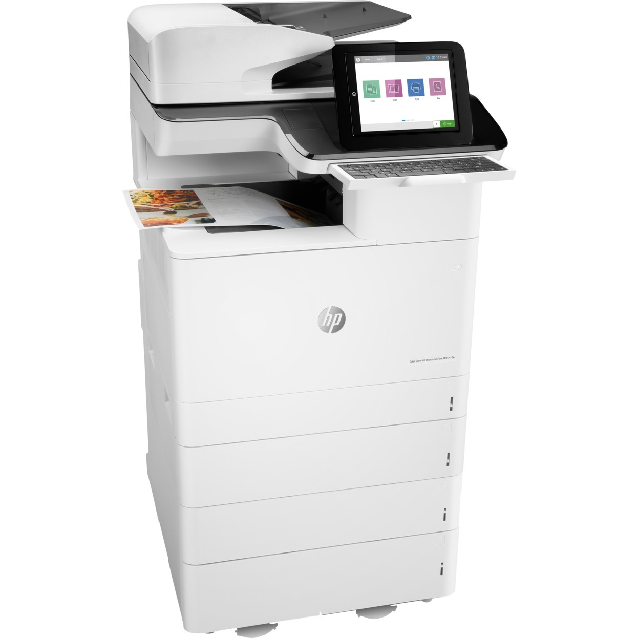 HP Color LaserJet Enterprise M776z color multifunction printer with touchscreen and large paper trays — right view