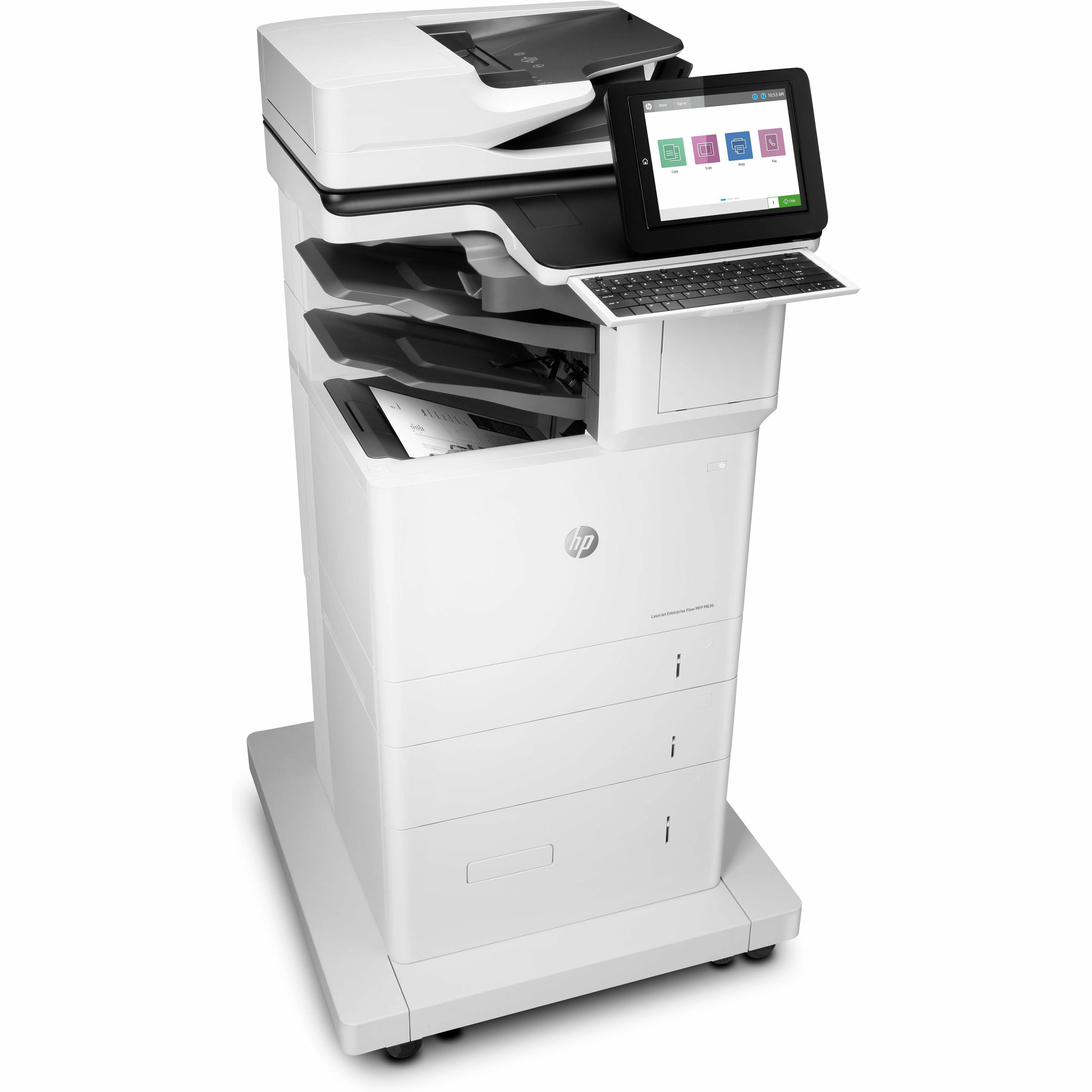 HP LaserJet Enterprise Flow MFP M636z monochrome multifunction printer with duplex scanning for enterprise workflows — right view