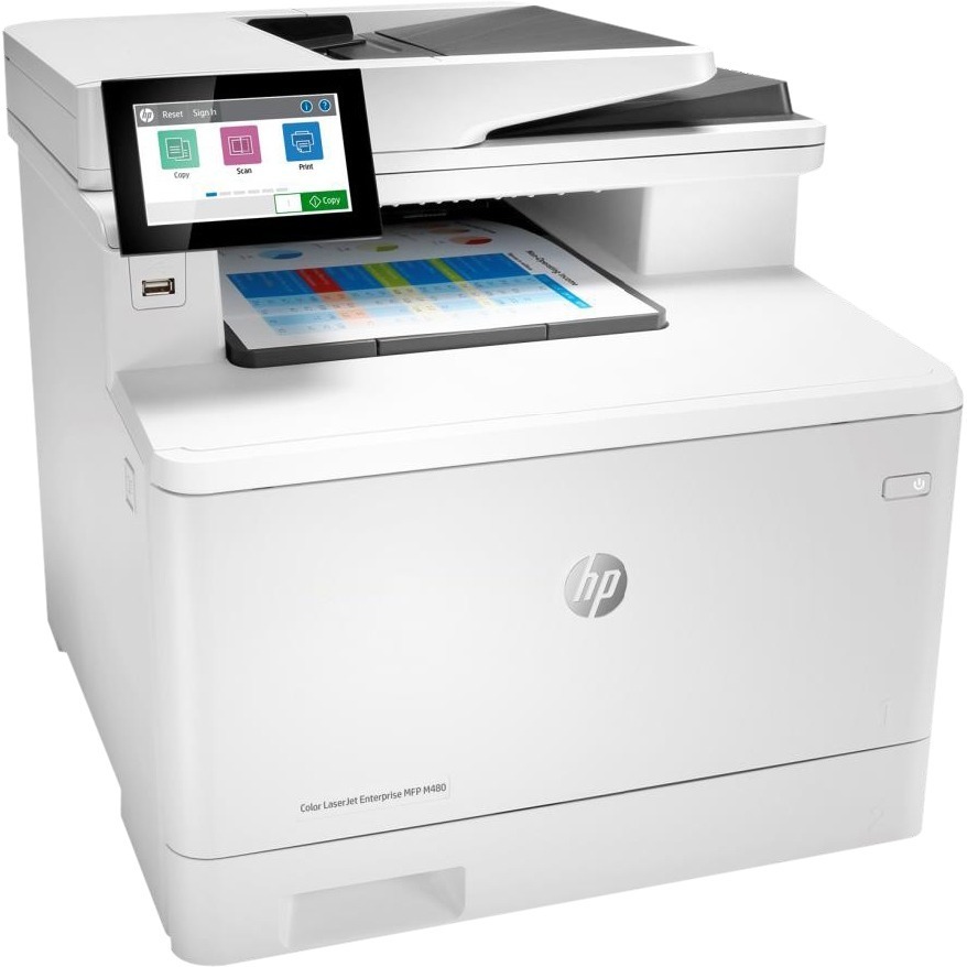 HP Color LaserJet Enterprise MFP M480f multifunction color laser printer for office printing and scanning — right view