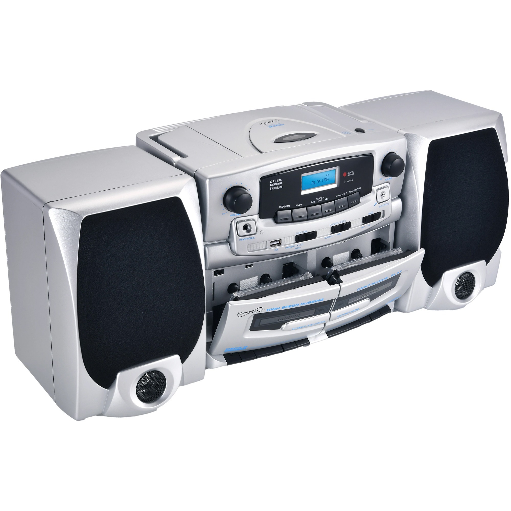 SUPERSONIC SC-2121BT Bluetooth audio system with CD player, cassette deck, AM/FM radio, USB input, and detachable speakers — right view