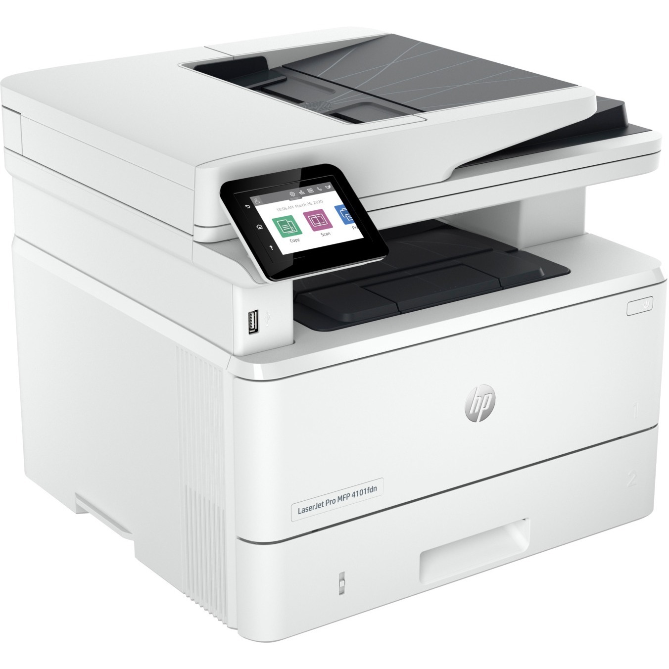 HP LaserJet Pro MFP 4101fdn monochrome laser multifunction printer for office workgroups — right view