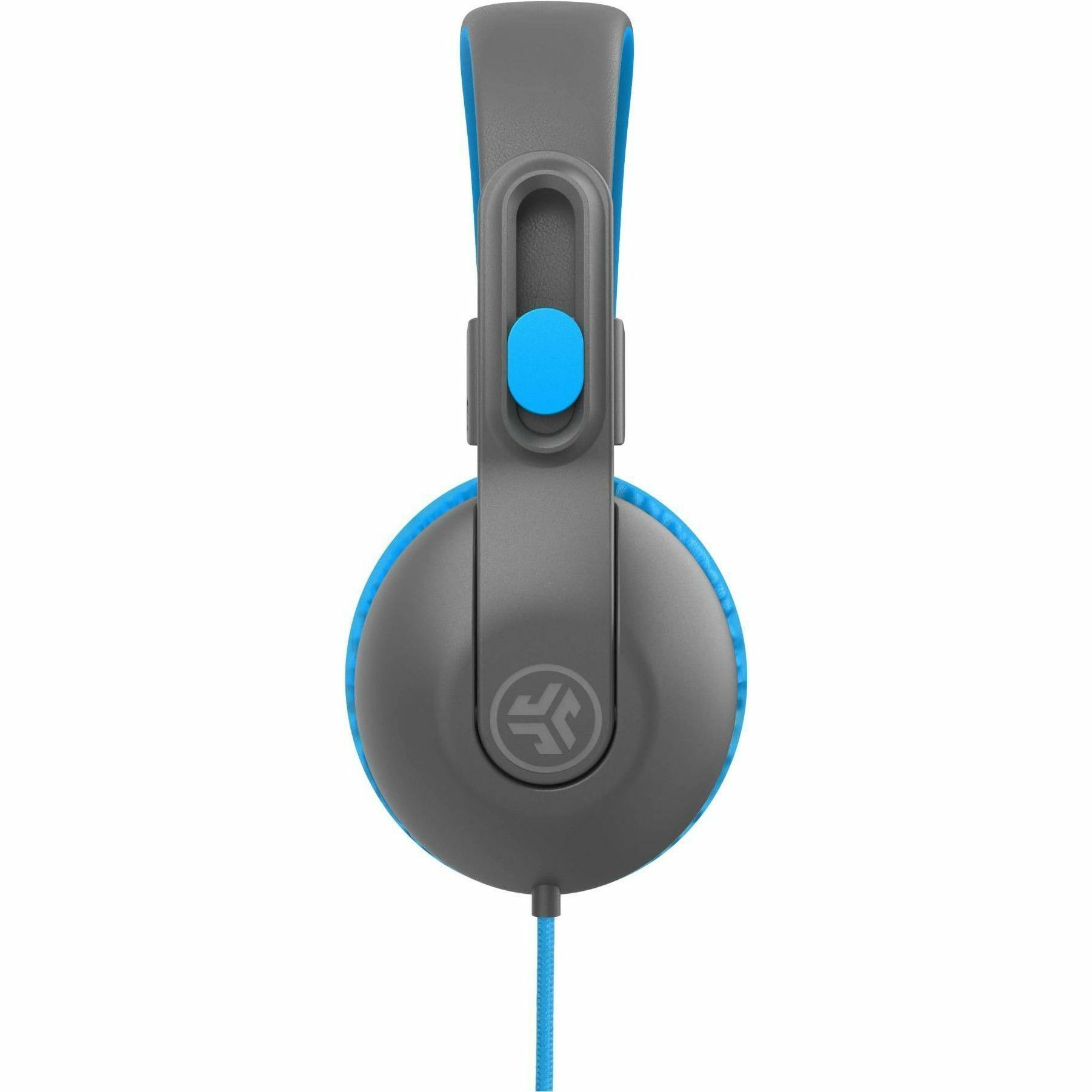 JLab Audio JBuddies Studio 2 wired over-ear stereo headphones in gray and blue — right view