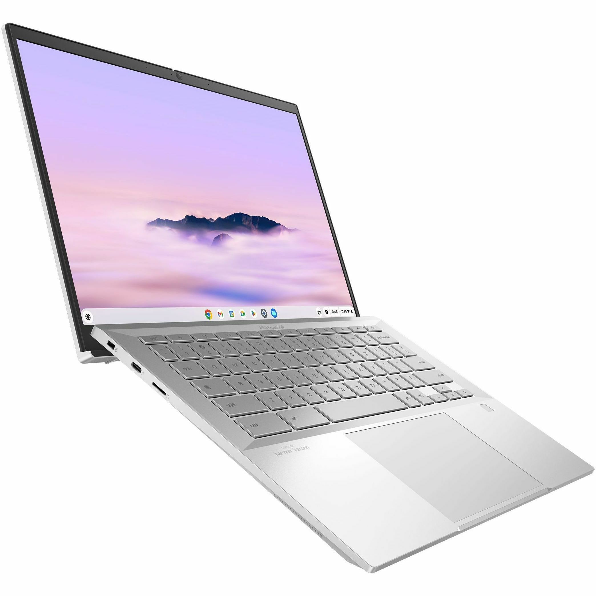 ASUS Chromebook Plus Enterprise silver laptop with 14-inch WQXGA display, Intel Core Ultra 5 115U, 8 GB RAM, and 256 GB SSD — right view