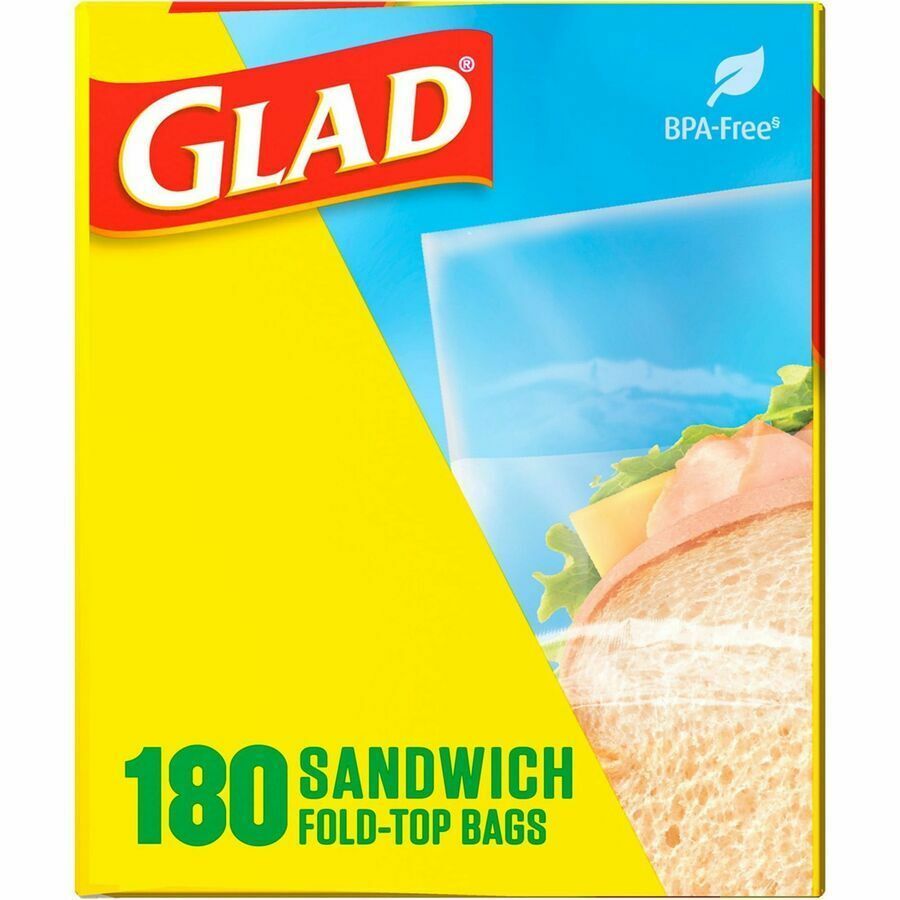Glad Fold-Top Sandwich Bags, 6.5 x 5.5, Clear, 180/Box, 12 Boxes/Carton