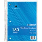 Sparco Quality 3HP Notebook - 5 Subject(s) - 180 Sheets - Wire Bound - Wide Ruled - Unruled Margin - 16 lb Basis Weight - 8" x 10 1/2" - Bright White Paper - AssortedChipboard Cover - Bleed Resistant, Stiff-cover - 1 Each