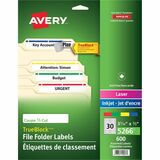 Avery® TrueBlock(R) File Folder Labels, 2/3" x 3-7/16" , 750 Printable Labels, Assorted (5266) - 2/3" Height x 3 7/16" Width - Permanent Adhesive - Rectangle - Laser, Inkjet - Assorted, Blue, Red, Yellow, Green, White - Paper - 30 / Sheet - 25 Total Sheets - 750 Total Label(s) - 600 / Pack