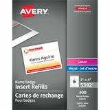 Avery® Customizable Name Badge Inserts, 3" x 4" , White, 2 Packs of 300, for a total of 600 Printable Name Tag Inserts (35392) - 3" Height x 4" Width - Laser, Inkjet - White - Card Stock - 300 / Box