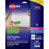 Avery Neon Address Labels with Sure Feed(TM) for Laser Printers, 1 x 2 5/8" , Assorted Colors, 450 Labels (5979) - 1" Height x 2 5/8" Width - Permanent Adhesive - Rectangle - Laser - Neon Magenta, Neon Green, Neon Yellow - Paper - 30 / Sheet - 15 Tot