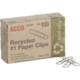 ACCO Recycled Paper Clips - No. 1 - 1.28" (32.54 mm) Length - 10 Sheet Capacity - Durable, Reusable - 100 / Box - Silver - Metal