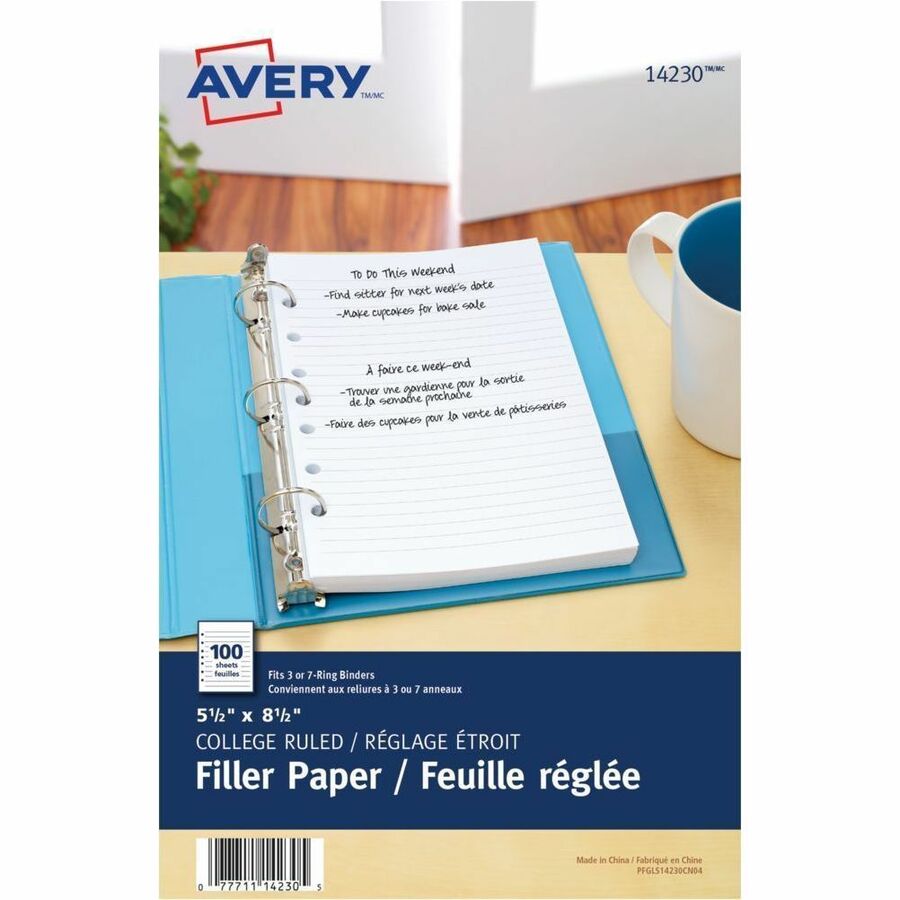 Avery Filler Paper - 100 Sheets - College Ruled Front Ruling - 7 Holes - 5 1/2" x 8 1/2" - White Paper - 100 / Pack