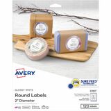 Avery Glossy White Printable Round Labels with Sure Feed&trade; Technology - - Width2" Diameter - Permanent Adhesive - Round - Laser, Inkjet - Bright White - Paper - 12 / Sheet - 10 Total Sheets - 120 Total Label(s) - 120 / Pack