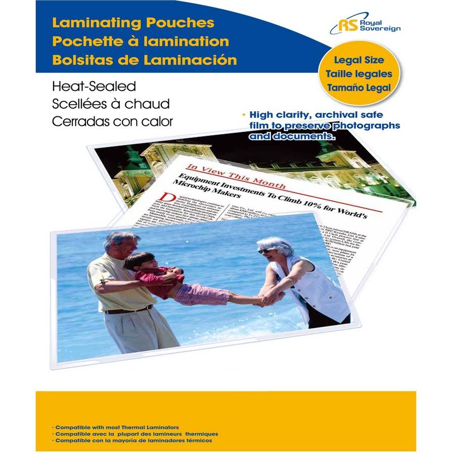 Royal Sovereign laminating pouch film - Legal Size 9"" x 14-1/2" - 3 mil - 50 pack - Sheet Size Supported: Legal - Laminating Pouch/Sheet Size: 9" (228.60 mm) Width x 14.50" (368.30 mm) Length x 3 mil (0.08 mm) Thickness - High Gloss - for ID Card, Paper,