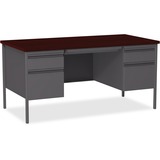 Lorell Fortress Series Double-Pedestal Desk - Rectangle Top - 60" Table Top Width x 30" Table Top Depth x 1.1" Table Top Thickness - 29.5" Height - Assembly Required - Laminated, Mahogany - Steel