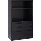 Lorell 36" Lateral File Drawer Combo Unit - 36" x 18.6" x 60" - 2 x Shelf(ves) - 3 x Drawer(s) for Box, File - Legal, Letter, A4 - Lateral - Cable Management, Leveling Glide, Adjustable Glide, Locking Drawer, Durable, Ball-bearing Suspension - Black - Baked Enamel - Steel - Recycled