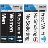 U.S. Stamp & Sign Information Sign - 6 / Pack - Free Wi-Fi, No Smoking, No Soliciting, Men, Women, Restroom Print/Message - 8" (203.20 mm) Width x 2" (50.80 mm) Height - Peel-off, Heavyweight, Tear Resistant, Stretch Resistant, Long Lasting, Adhesive - Vi