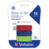 Microban 16GB Store 'n' Go USB Flash Drive - 3pk - Red, Green, Blue - 16 GB - USB 2.0 Type A - Blue, Green, Red - Lifetime Warranty - 3 / Pack