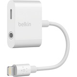 Belkin 3.5 mm Audio + Charge for iPhone and iPad Lightning Adapter - Lightning/Mini-phone Audio/Power/Data Transfer Cable for Headphone, Speaker, Microphone, Remote Control, Audio Device, iPhone, iPad, Notebook - First End: 1 x Mini-phone Audio - Female, 1 x Lightning - Female - Second End: 1 x Lightning - Male - MFI - White