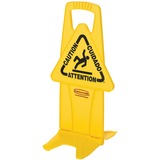 Rubbermaid Commercial Stable Safety Sign with Tri-Lingual "Caution" Imprint - 1 Each - 13.25" (336.55 mm) Width x 26" (660.40 mm) Height - Self Opening Base - Yellow