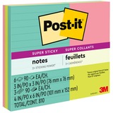Post-it® Super Sticky Notes - Supernova Neons Color Collection - 3" x 3" , 4" x 6" - Square, Rectangle - 90 Sheets per Pad - Aqua Splash, Acid Lime, Tropical Pink, Iris Infusion - Paper - Sticky, Recyclable - 9 / Pack