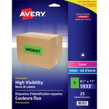 Avery® High Visibility Neon ID Labels - 8 1/2" x 11" Length - Rectangle - Inkjet, Laser - Neon Green - Polyester - 25 / Sheet - 25 / Cartridge - 25 / Pack