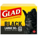 Glad Black 90L Large Bags - Large Size - 90 L Capacity - 30" (762 mm) Width x 33" (838.20 mm) Length - Black - 30/Box - Garbage