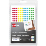 Avery See Thru Removable Colour Coding Labels - - Height1/4" Diameter - Removable Adhesive - Round - Laser, Inkjet - Red, Yellow, Green, Blue - 216 / Sheet - 3 Total Sheets - 648 / Pack