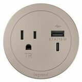 Wiremold Round FPC with 1 Outlet and Combo USB-A and USB-C Ports - Nickel - 1 x Power Receptacles...