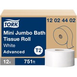 TORK Mini Jumbo Toilet Paper Roll White T2 - 2 Ply - 7.36" (186.94 mm) Roll Diameter - White - Fiber - For Bathroom - 12 / Carton